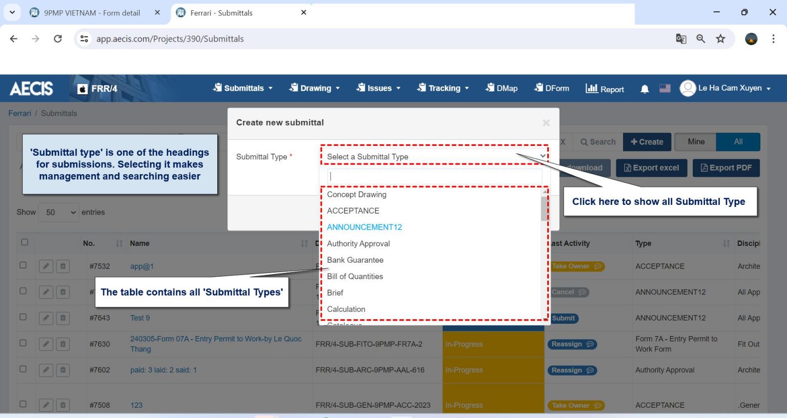 1. Create a new Submittal – AECIS Support