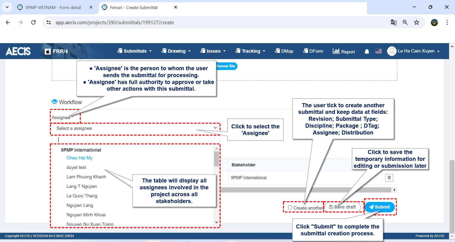 1. Create a new Submittal – AECIS Support