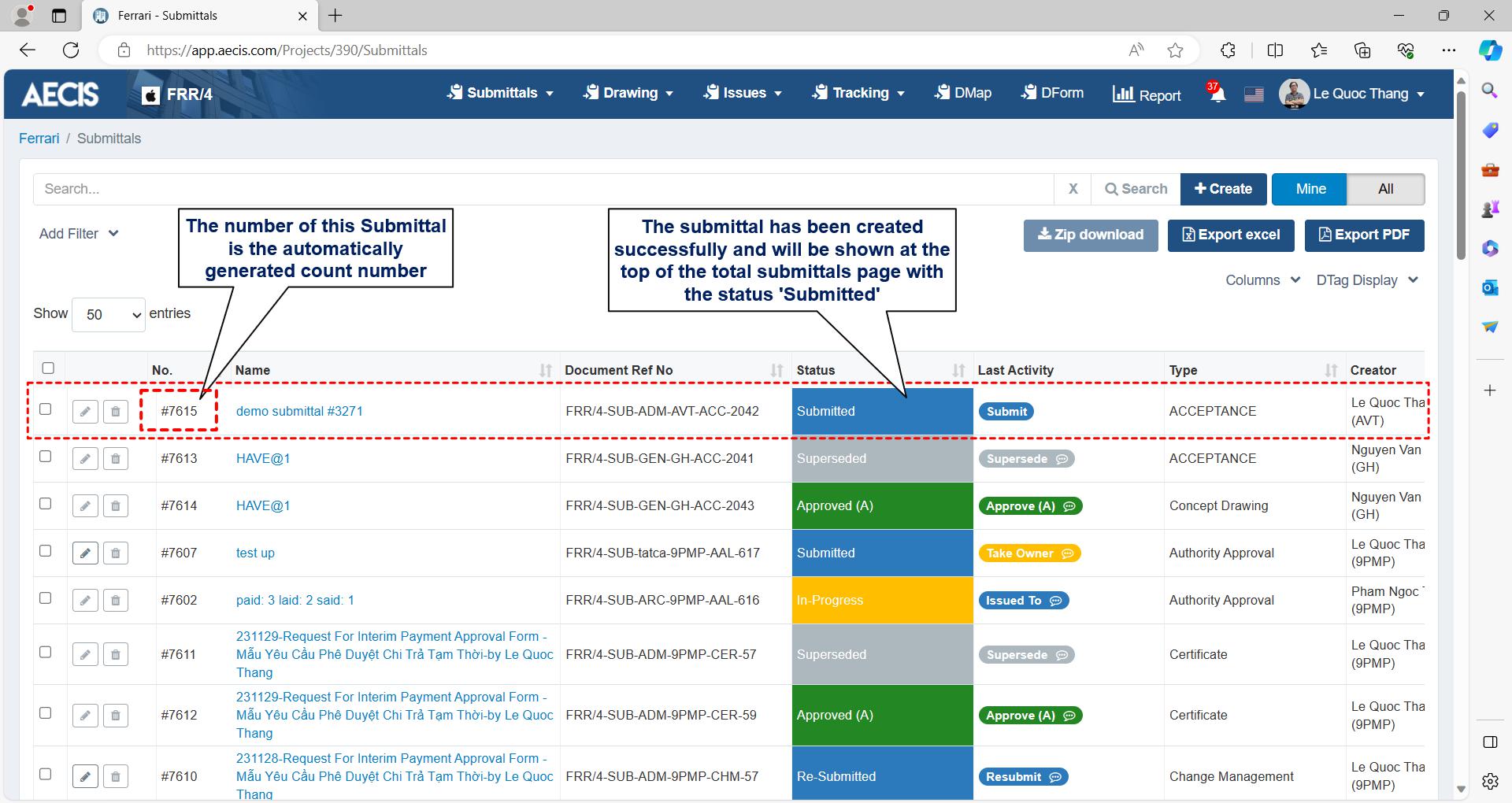 1. Create a new Submittal – AECIS Support